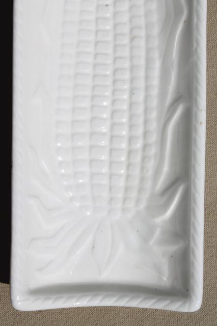 photo of vintage sweet corn plates set, glossy white earthenware ceramic trays for corn on the cob #5