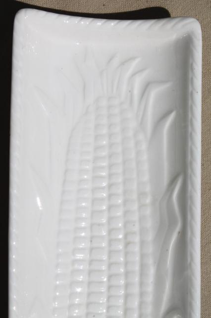 photo of vintage sweet corn plates set, glossy white earthenware ceramic trays for corn on the cob #6