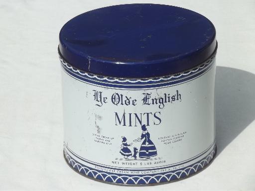 photo of vintage sweets tin, Devonshire Cream Mints large blue & white canister #1