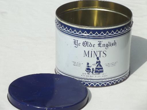 photo of vintage sweets tin, Devonshire Cream Mints large blue & white canister #3