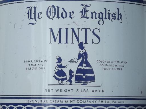 photo of vintage sweets tin, Devonshire Cream Mints large blue & white canister #7