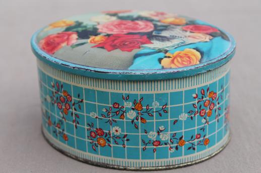 photo of vintage sweets tin made in England, old roses photo print tin candy container #1