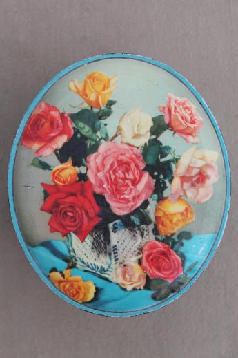 photo of vintage sweets tin made in England, old roses photo print tin candy container #3