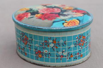 catalog photo of vintage sweets tin made in England, old roses photo print tin candy container