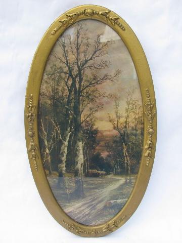 photo of vintage sycamore trail print, antique ornate gold oval gesso wood frame #1