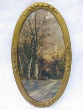 catalog photo of vintage sycamore trail print, antique ornate gold oval gesso wood frame