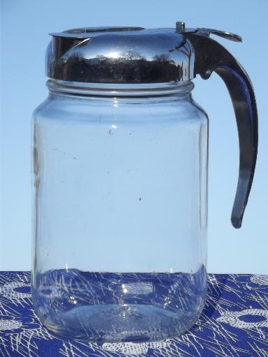 photo of vintage syrup pitcher w/ big 1 qt glass jar, Nev R Drip drip-cut style lid #1