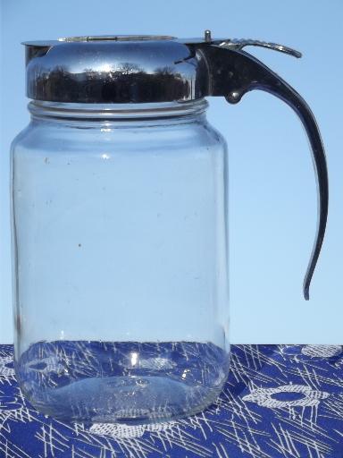 photo of vintage syrup pitcher w/ big 1 qt glass jar, Nev R Drip drip-cut style lid #2