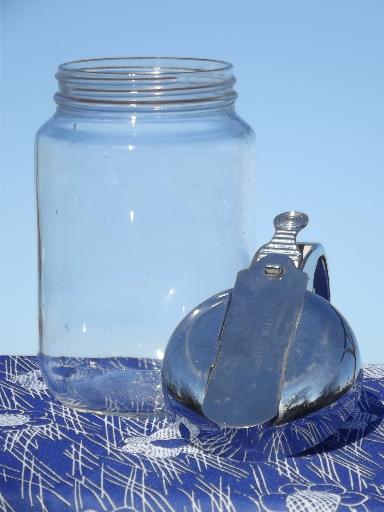 photo of vintage syrup pitcher w/ big 1 qt glass jar, Nev R Drip drip-cut style lid #3