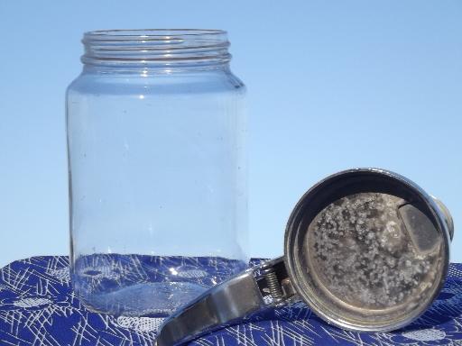 photo of vintage syrup pitcher w/ big 1 qt glass jar, Nev R Drip drip-cut style lid #6