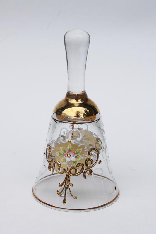 photo of vintage table bell, bohemian style crystal clear glass with hand painted floral & gold #1