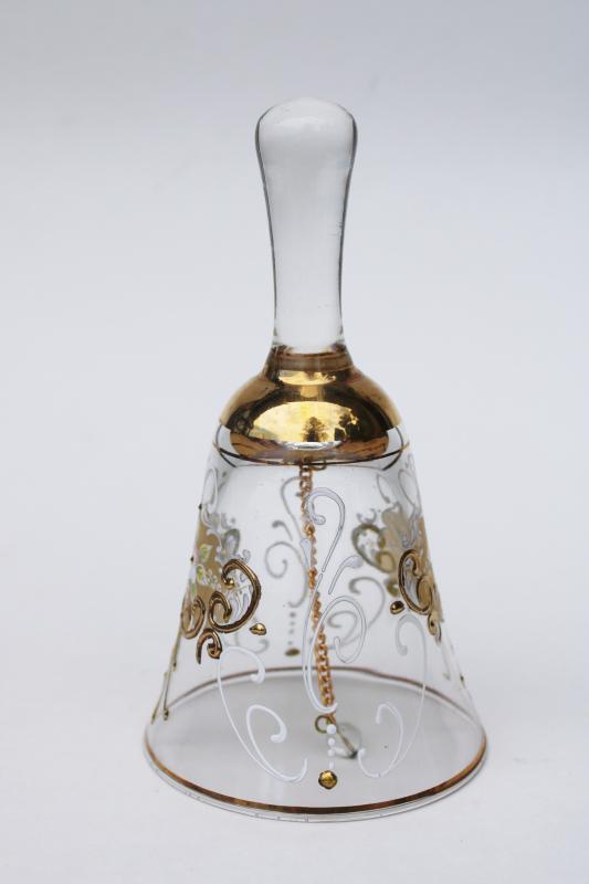 photo of vintage table bell, bohemian style crystal clear glass with hand painted floral & gold #2