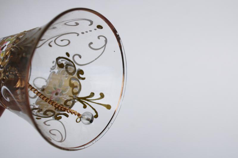 photo of vintage table bell, bohemian style crystal clear glass with hand painted floral & gold #4