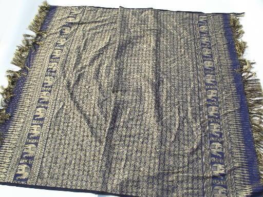 photo of vintage table cover cloth shawl w/ Indian elephants, fringed silk brocade #1