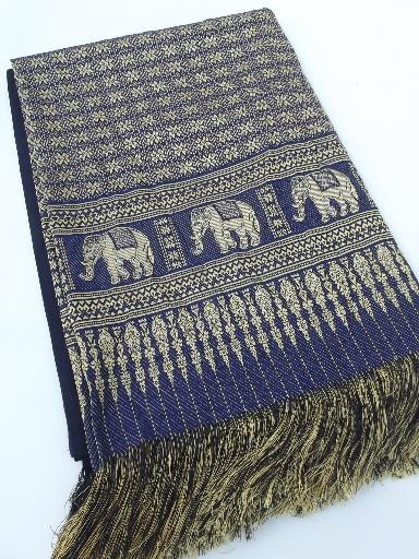 photo of vintage table cover cloth shawl w/ Indian elephants, fringed silk brocade #7