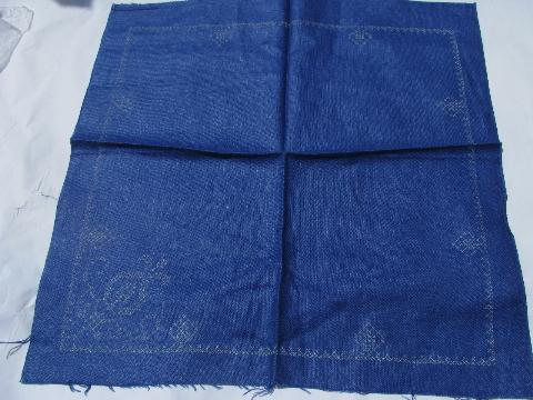 photo of vintage table linens stamped to embroider, red & blue linen fabric tablecloths & napkins #3
