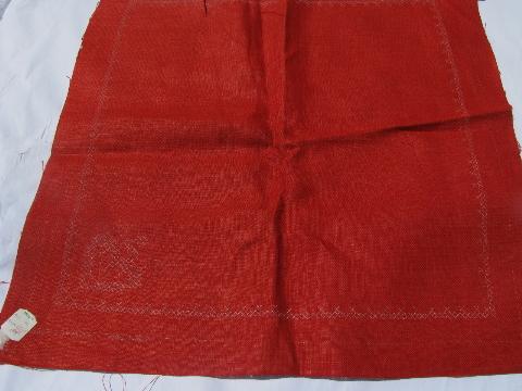 photo of vintage table linens stamped to embroider, red & blue linen fabric tablecloths & napkins #5