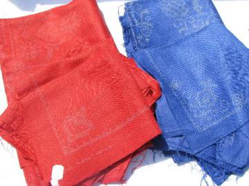 catalog photo of vintage table linens stamped to embroider, red & blue linen fabric tablecloths & napkins