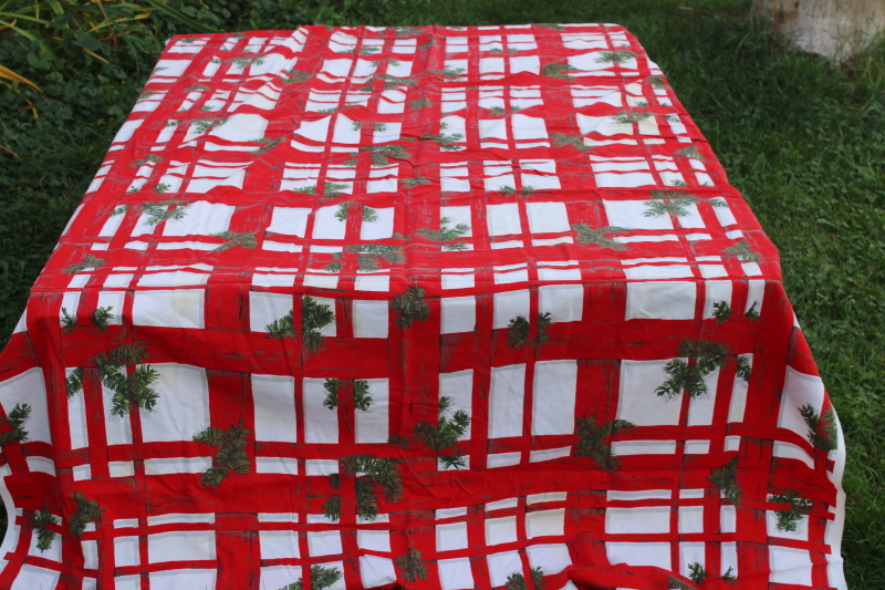 photo of vintage tablecloth Indian Head cotton fabric Christmas print red plaid green pine branches  #1