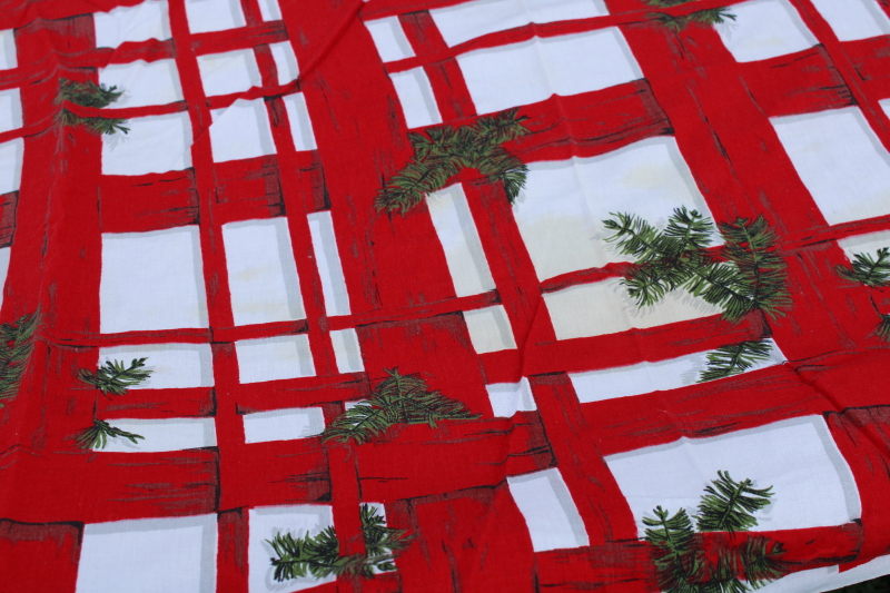 photo of vintage tablecloth Indian Head cotton fabric Christmas print red plaid green pine branches #2