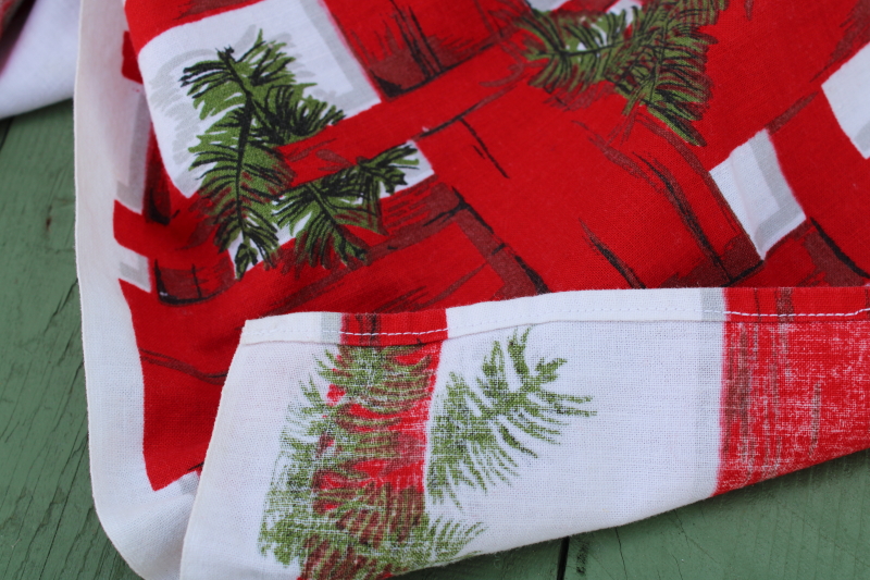 photo of vintage tablecloth Indian Head cotton fabric Christmas print red plaid green pine branches #3