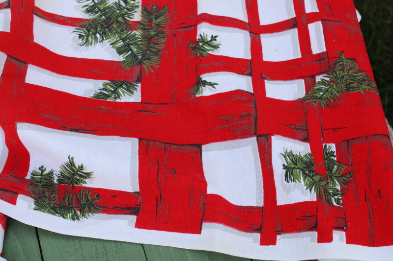 photo of vintage tablecloth Indian Head cotton fabric Christmas print red plaid green pine branches #4