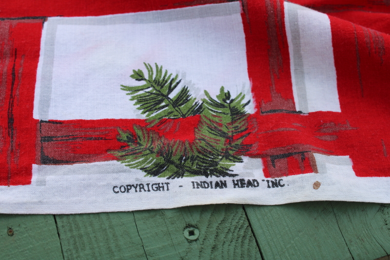 photo of vintage tablecloth Indian Head cotton fabric Christmas print red plaid green pine branches #5