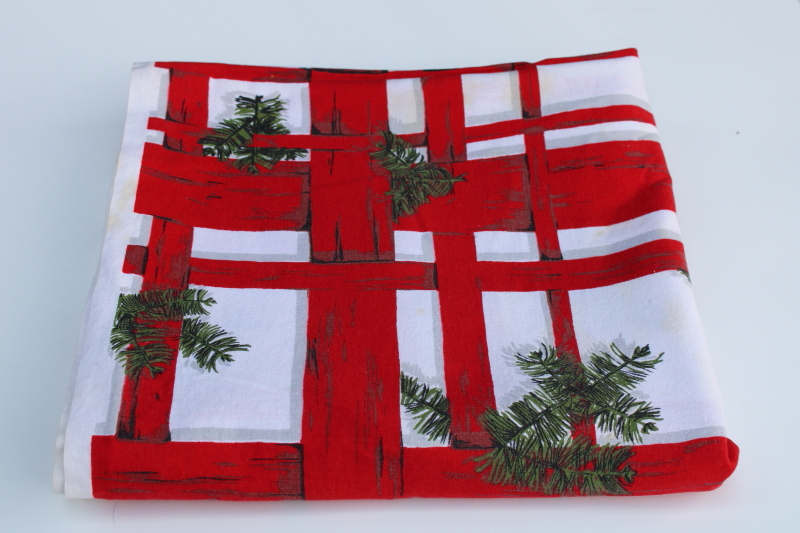 photo of vintage tablecloth Indian Head cotton fabric Christmas print red plaid green pine branches #7