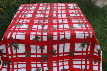 catalog photo of vintage tablecloth Indian Head cotton fabric Christmas print red plaid green pine branches 