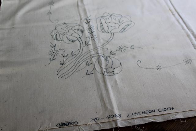 photo of vintage tablecloth stamped for embroidery, tulips to hand stitch, depression era needlework #1