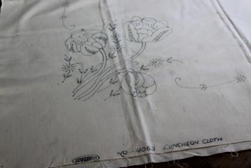 catalog photo of vintage tablecloth stamped for embroidery, tulips to hand stitch, depression era needlework