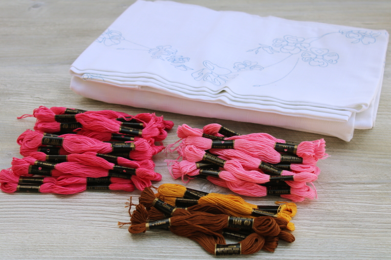 photo of vintage tablecloth stamped to embroider, dogwoods floral w/ cotton embroidery floss shades of pink #1