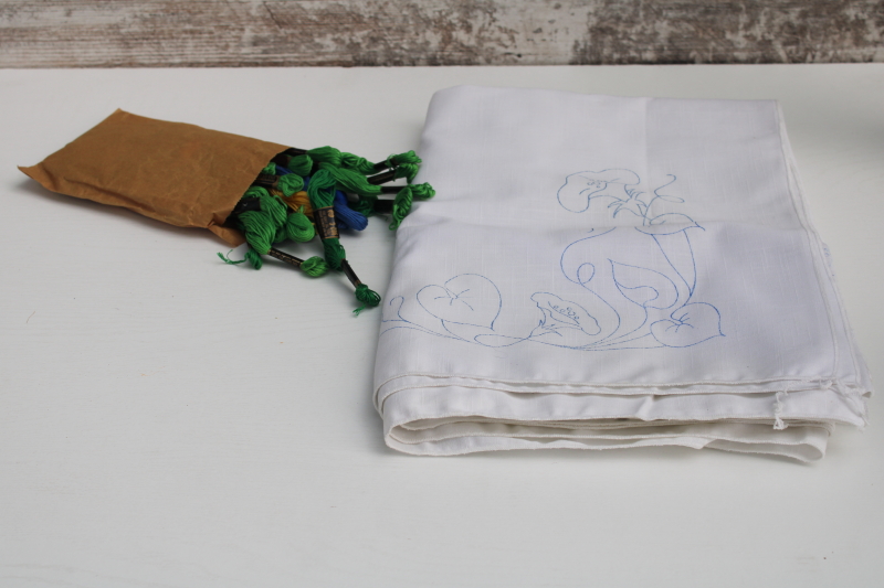 photo of vintage tablecloth stamped to embroider, morning glories floral w/ cotton embroidery floss blue green #1