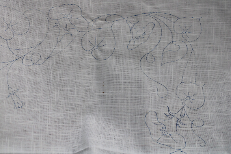 photo of vintage tablecloth stamped to embroider, morning glories floral w/ cotton embroidery floss blue green #3