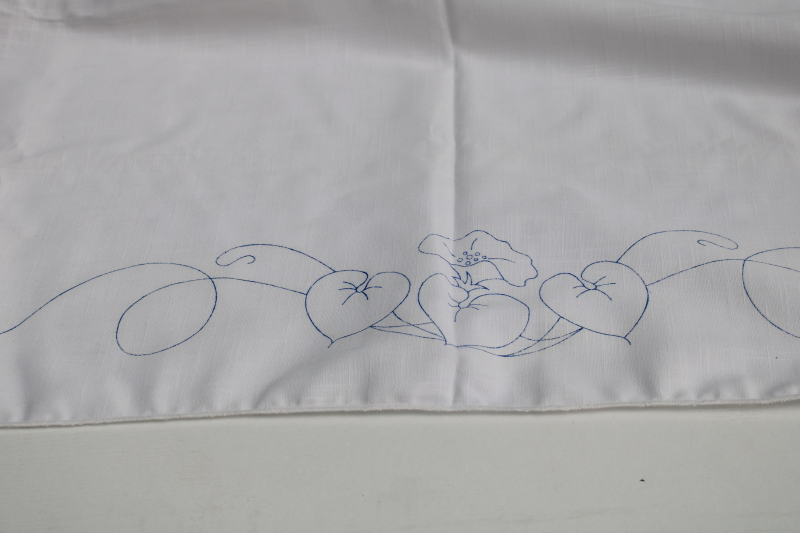 photo of vintage tablecloth stamped to embroider, morning glories floral w/ cotton embroidery floss blue green #5