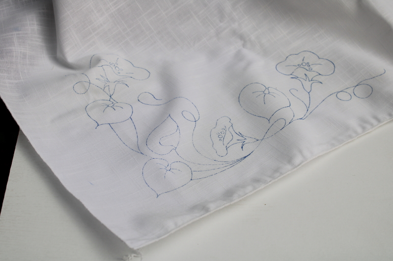 photo of vintage tablecloth stamped to embroider, morning glories floral w/ cotton embroidery floss blue green #6