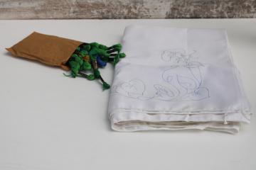 catalog photo of vintage tablecloth stamped to embroider, morning glories floral w/ cotton embroidery floss blue green