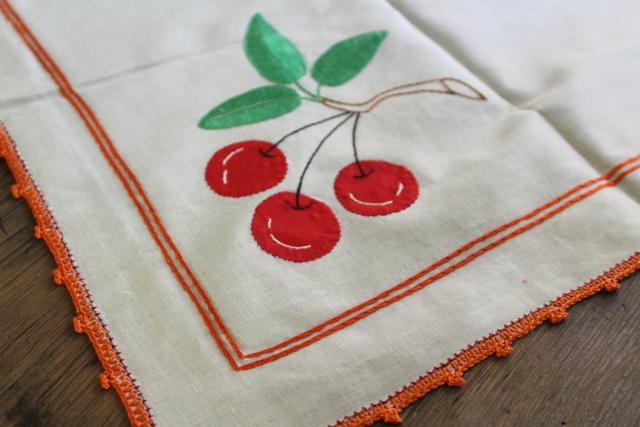 photo of vintage tablecloth with red cherries applique and embroidery, card table cloth #2