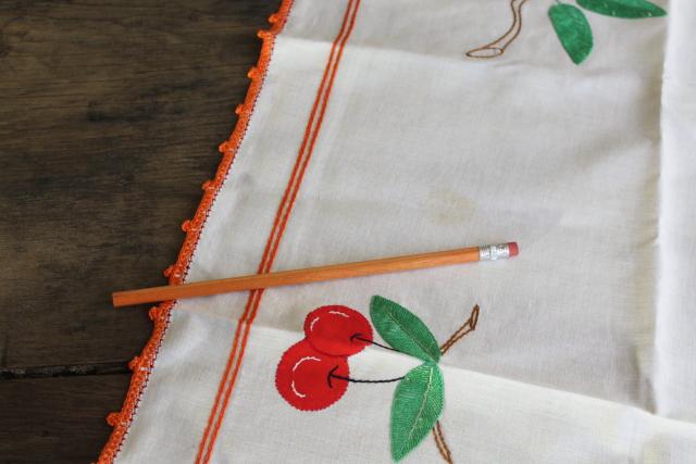 photo of vintage tablecloth with red cherries applique and embroidery, card table cloth #4