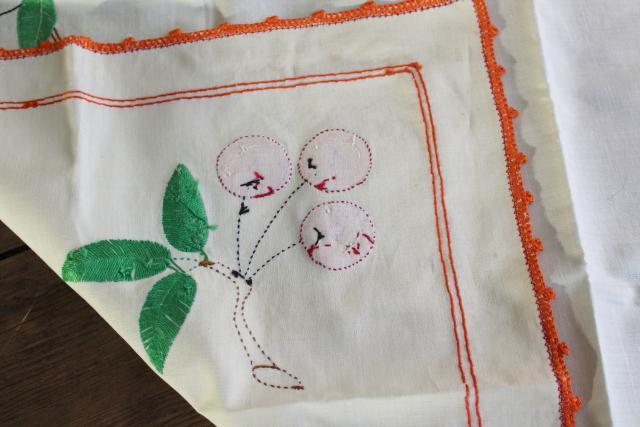 photo of vintage tablecloth with red cherries applique and embroidery, card table cloth #5