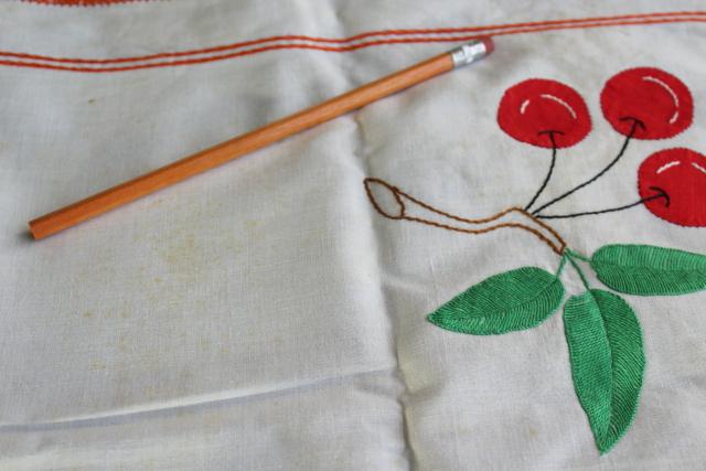 photo of vintage tablecloth with red cherries applique and embroidery, card table cloth #6