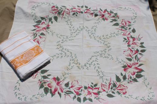 photo of vintage tablecloths & linens lot, printed table cloths, embroidered runners etc. #4