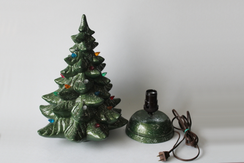 photo of vintage tabletop Christmas tree, chalkware electric lamp w/ tiny plastic light bulb pegs  #9