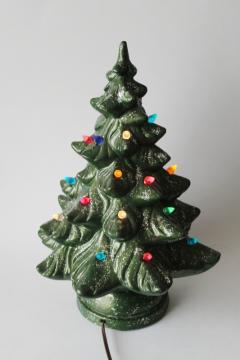 vintage tabletop Christmas tree, chalkware electric lamp w/ tiny plastic light bulb pegs 