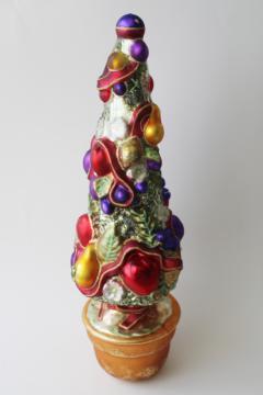 catalog photo of vintage tabletop Christmas tree topiary or topper ornament, mercury glass painted sugar plum fruit 