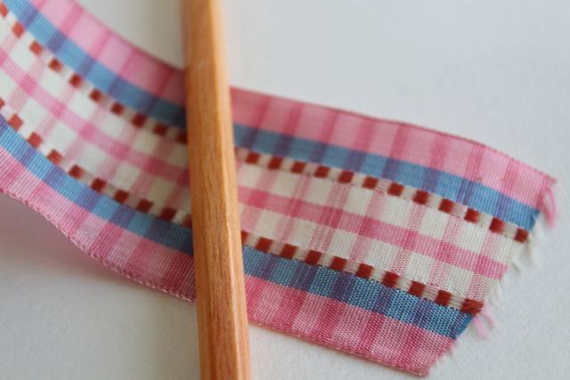 photo of vintage taffeta ribbon, woven checked plaid stripe candy pink, red, blue #4