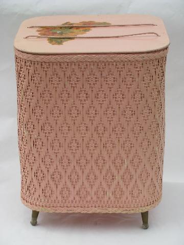 photo of vintage tall pink wicker Princess sewing or needlework basket, old floral decal #1