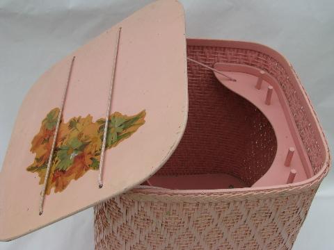 photo of vintage tall pink wicker Princess sewing or needlework basket, old floral decal #3