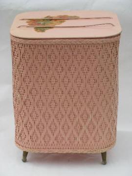 catalog photo of vintage tall pink wicker Princess sewing or needlework basket, old floral decal