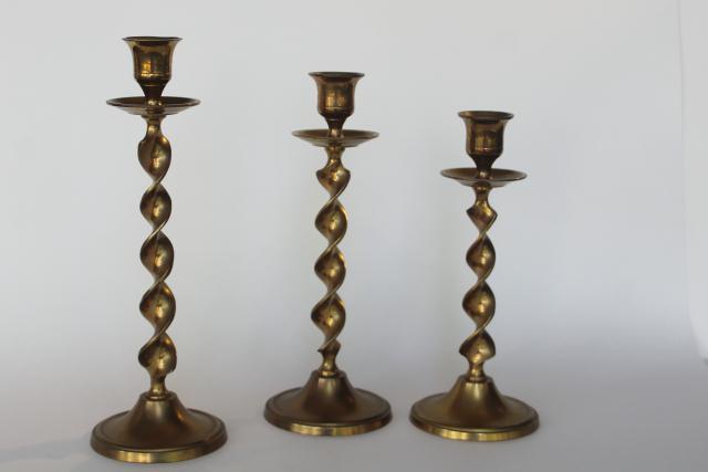 photo of vintage tall solid brass candlesticks, ribbon twist trio graduated sizes candle holders set #1